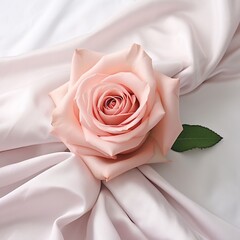 A single pink rose lying on a white silk cloth