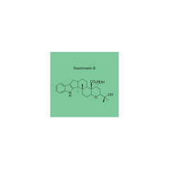 Drechmerin B skeletal structure diagram.Diterpenoid compound molecule scientific illustration on green background.