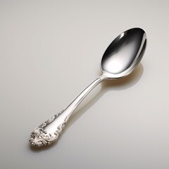 A shiny silver spoon resting on a white saucer