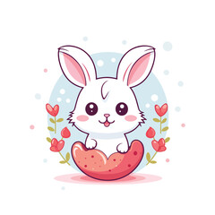 a bunny with a heart on his head sits on a heart shaped piece of fruit.