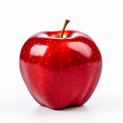 A shiny red apple placed on a pure white background