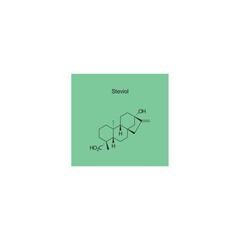 Steviol skeletal structure diagram.Sesquiterpene compound molecule scientific illustration on green background.