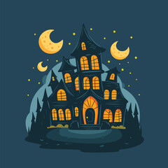 halloween house with pumpkin a cartoon illustration of a haunted house with a moon and the moon behind it.