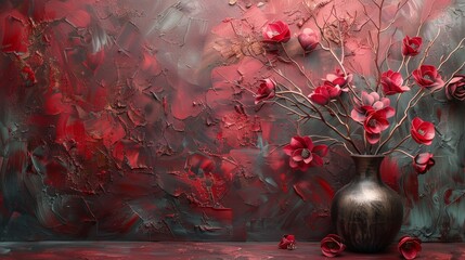 Painting, abstract, metal element, texture background, flowers with vases, plants, and flowers in vases