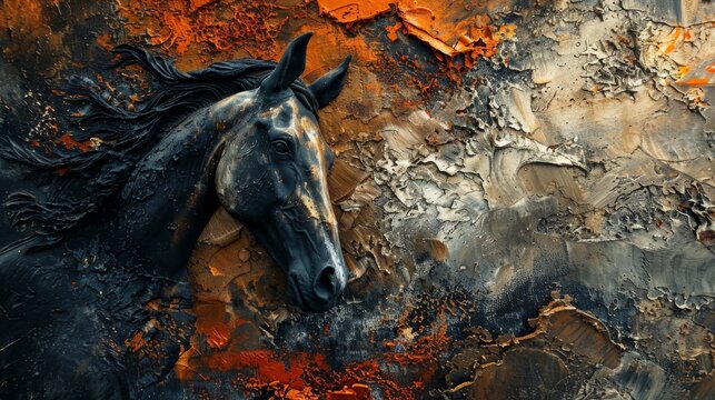 Artwork designed in the modern style, abstract, with metal elements, texture backgrounds, animals, horses, etc.......