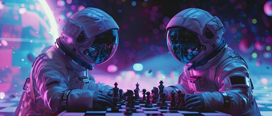 In this vibrant digital art, two astronauts are immersed in a game of chess, floating in a zero-gravity environment with a bokeh of galactic lights surrounding them. - obrazy, fototapety, plakaty