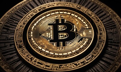 Obraz premium A Bitcoin emblem shines atop a background reminiscent of an ancient coin relief, evoking the evolution from old to new forms of money. AI generation