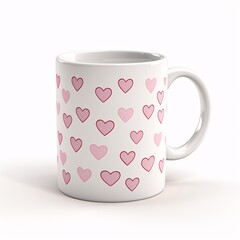 Heart-printed mug with cute heart illustrations on a clean white background
