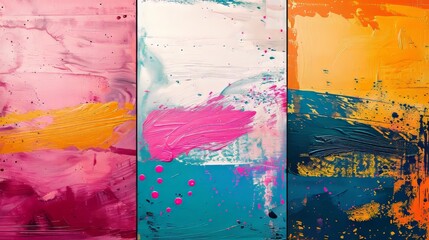 Three abstract painting backgrounds for decoration, texture, and bright color. Contemporary art. Works of art. Paintbrush spot. Modern art.