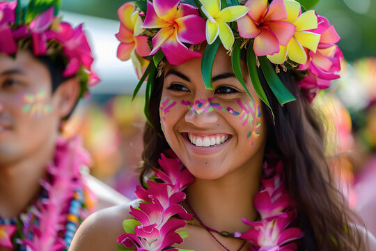 Happy Smiling Woman Wearing Flower Crown Made Of Orchid, Plumeria And frangipani On Lei Day In May On Hawaii, Tropic Paradise Concept