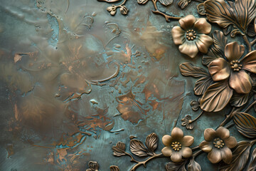 Oxidized bronze antique floral pattern art background image. Created with Generative AI technology.
