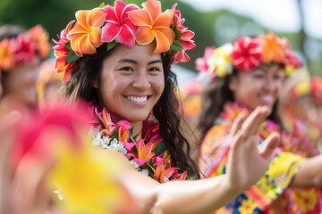 Hawaii Hula Dancer Woman With Flower Crown On Head, Happy Lei Day Celebration Festival In Tropic Background - obrazy, fototapety, plakaty