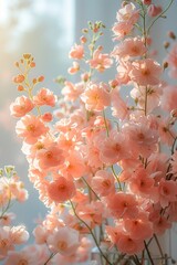 Blossoming pink flowers bathed in soft sunlight. Generated AI.