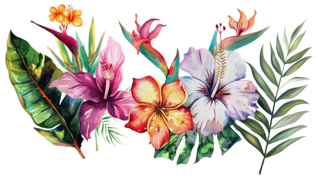 Watercolor Tropical Flower Compositions Isolated on Transparent Background, PNG Format