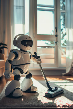 
Photo of a humanoid robot vacuums the carpets in the house