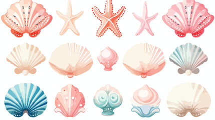 Seashells Pearls flat vector isolated on white background - obrazy, fototapety, plakaty