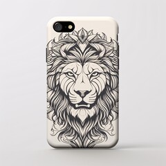 A fierce lion-shaped phone case with detailed designs, against a crisp white background