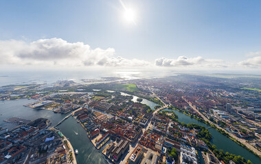 Copenhagen, Denmark. Panorama of the city in summer. Sunny weather with clouds. Aerial view