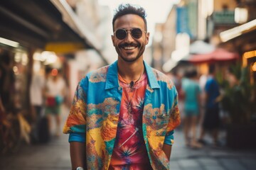 Portrait of a handsome young man with sunglasses and a colorful shirt walking in the city - obrazy, fototapety, plakaty