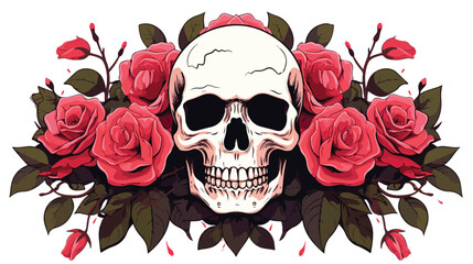 Skull in Roses flat vector isolated on white background