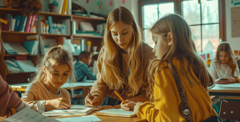 Fototapeta na wymiar A female teacher is helping students in the classroom, and two young women with long blonde hair wearing yellow sit at their desks doing homework