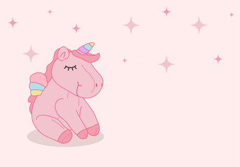 Cute little unicorn illustration. Fairytale horse character. Flat vector print, magical kingdom. Empty space
