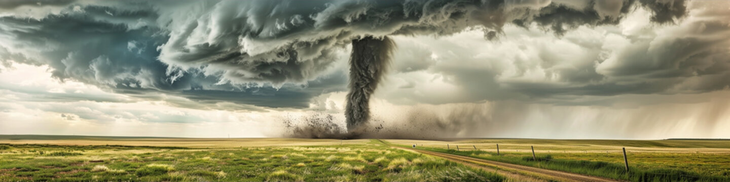 Tornado  in the meadow.Panorame view.  Generative AI