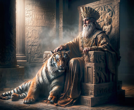Ancient king from the Achaemenid dynasty ruling Persia in the company of his little pet.
