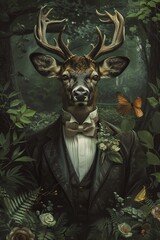 Stylized deer in a suit with forest and butterfly motifs. Generated AI.