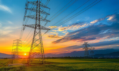 Power grid pylon, high voltage distribution - obrazy, fototapety, plakaty