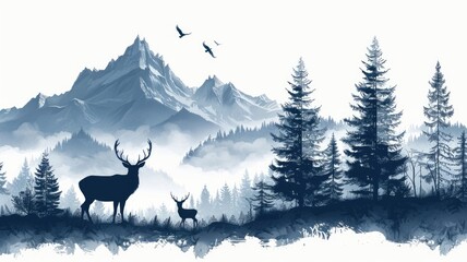 Black silhouette of wild deer family and forest