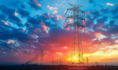 Electricity distribution through high voltage pylons - obrazy, fototapety, plakaty