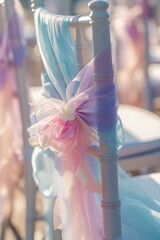 Chair decorated with pastel-colored tulle and a flower. Generated AI.