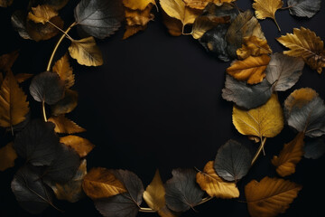 Naklejka na ściany i meble Autumn leaves framing a dark void, ideal for minimalistic designs and modern fall themes with a touch of elegance