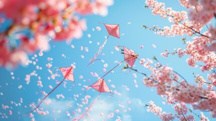 Pink Kites Flying Among Cherry Blossoms in Spring