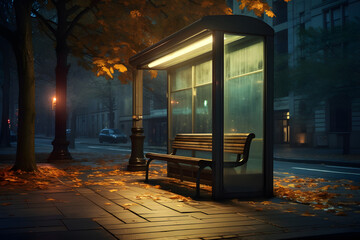 Illuminated bus stop on a deserted city street at twilight with fallen autumn leaves. Moody...