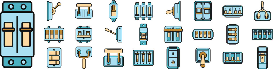 Breaker switch icons set outline vector. Cable chopper. Circuit switch thin line color flat isolated - obrazy, fototapety, plakaty