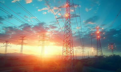 High voltage electric tower for power distribution - obrazy, fototapety, plakaty