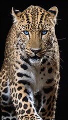 Obraz premium A captivating full-body portrait of a leopard standing proudly, showcasing its stunning spotted coat and penetrating blue eyes. AI generation