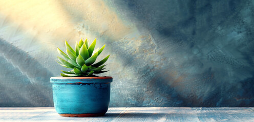 Potted cactus located in cozy corner in minimalist living area with textured blue painted background. It is perfect spot for reading or relaxation, with cactus adding sense of calm and simplicity - obrazy, fototapety, plakaty