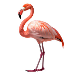Obraz premium White Pink Flamingo curled heart shaped neck and standing posture, legs close, raise one leg, Isolated on white background. This has clipping path.