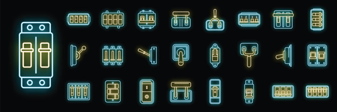 Breaker switch icons set outline vector. Cable chopper. Circuit switch neon color on black