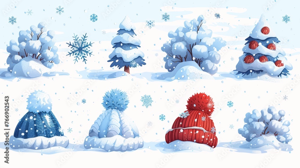 Aufkleber A set of isolated snow caps for your design. Snowy elements on a snowy background. A modern template in cartoon style for your design. A snowfall with snowflakes fluttering.