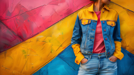 Stylish woman in denim against colorful painted background.
