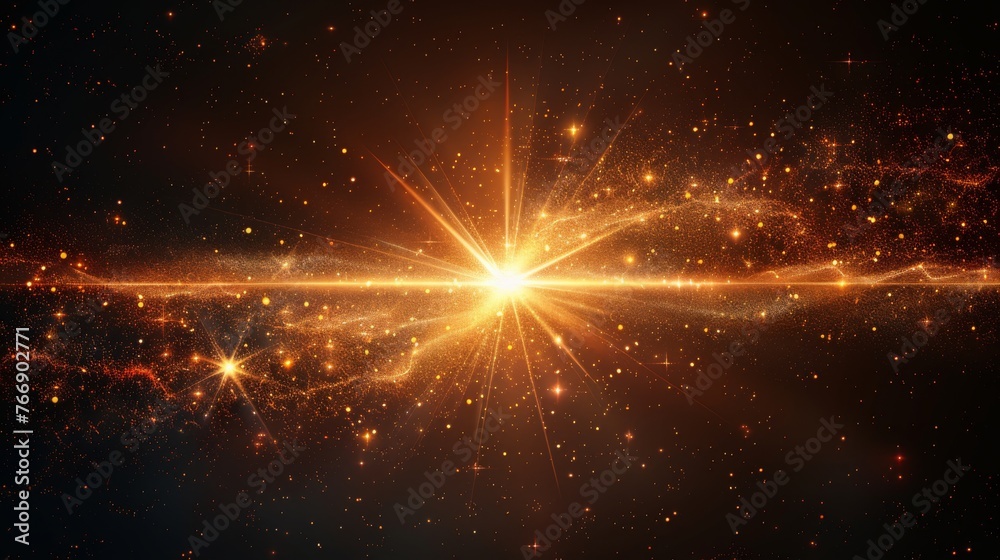 Poster on transparent background, there is flash of light with lens flare effect of shimmering sun or starl