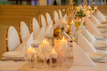 Luxury white restaurant is prepared for the wedding - 766902796