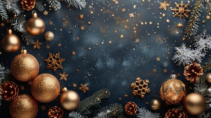 This is a modern illustration of Christmas background with Christmas ball star snowflake confetti in gold and black colors and lace for text in 2018 2019 2020. - obrazy, fototapety, plakaty