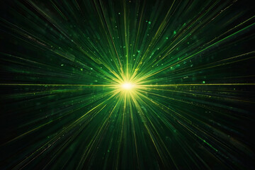 Abstract green light burst with radiant rays on dark background. Golden green sparkling backdrop with copy space.