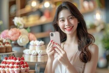 Beautiful Asian girl taking a photo and selfie with sweet dessert.