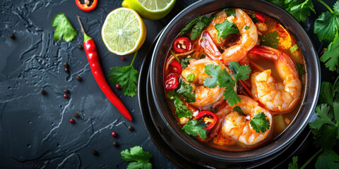 Zesty Shrimp Soup with Fresh Herbs. A vibrant bowl of spicy shrimp soup garnished with fresh cilantro, chili, and lime, presenting a feast for the senses with its rich color and aromatic spices. - obrazy, fototapety, plakaty